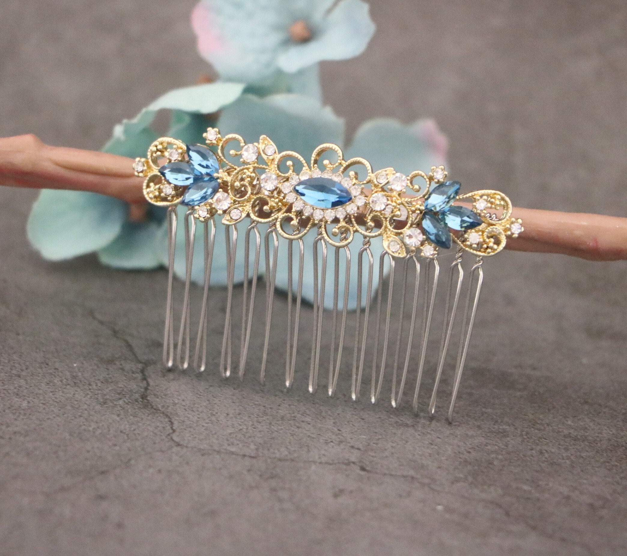 Blue Crystal Bridal Comb Blue Hair Accessories Navy Blue Wedding Hair ...