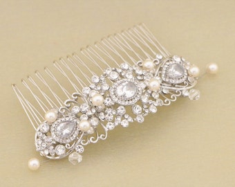 Silver Wedding hair comb Pearl and Crystal hair comb Side bridal headpiece Wedding hair jewelry Bridal hair comb Rhinestone hair piece Boho