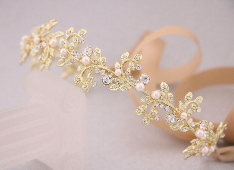Pearl headband Wedding tiara gold Crystal Wedding headband bridal headband crown bridal rhinestone headband floral wedding head piece Boho