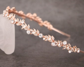 rose gold bridal hair band bridal rhinestone headband Gold Pearl headband Simple Wedding headband Crystal headband Bridal headband Tiara in