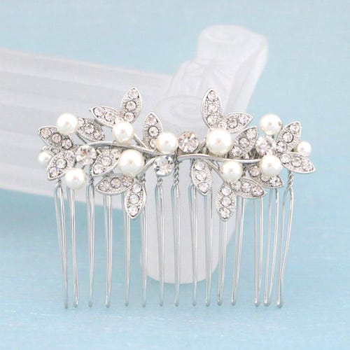 Crystal Rhinestone Pearl Hair Clip Comb Silver Wedding Hair Accessory Bridal AMORARSI Pearl Rhinestone Wedding Hair Comb - Crystal Bridal  main image 4