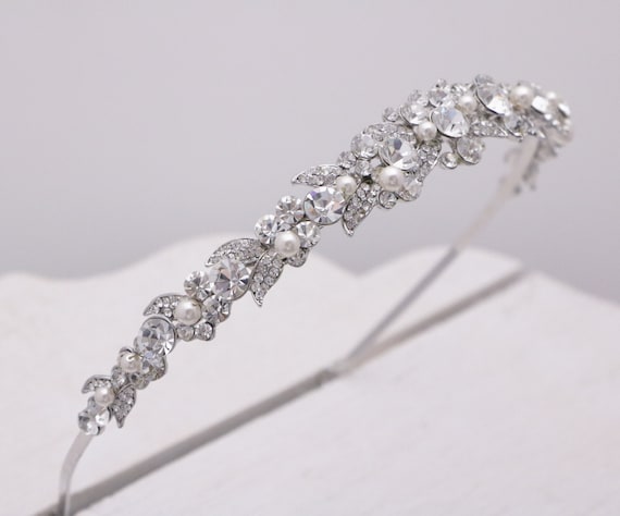 Silver Floral Rhinestone Champagne Elegance Bridal Pearl Headband 7539