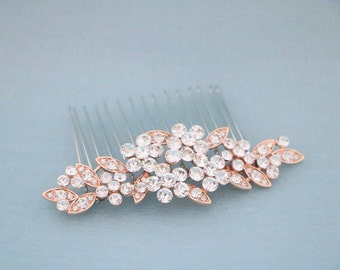 Rose gold Wedding hair comb Crystal hair comb Side bridal headpiece Wedding hair accessories floral Small or Large hair comb Wedding comb in