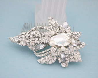 Bridal hair comb Pearl side hair comb Large Wedding hair comb Rhinestone hair comb Bridal hair accessories floral Bridal comb in Headpiece
