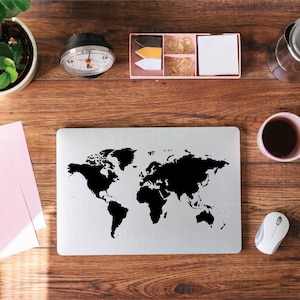 Adesivo de Parede com Mapa-múndi Minimalista – Adesivo de Vinil Moderno Preto e Branco para Laptop, Carro, Escritório, Sala de Estudo ou Sala de Aula | Presente Inspirado em Viagens