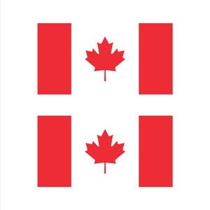 May include: A Canadian flag with a red background and a white maple leaf in the centre. The flag is divided into three horizontal stripes, with the top and bottom stripes being red and the middle stripe being white.