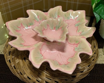 Vintage Pink Ceramic Leaf Serving Platter and Dip Bowl - Appetizer Dish