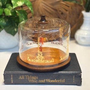 May include: A vintage Pyrex glass cake dome with a wooden base and lid. The clear glass dome sits atop a wooden base with gold decorative accents. The dome is placed on a dark book titled "All Things Wise and Wonderful."