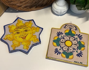 Pair of Vintage Pier 1 Imports Italian Terracotta Trivets - Wall Plaques - Sicilian Sun and Lemon Scroll - Duca Di Camastra Kitchen Decor