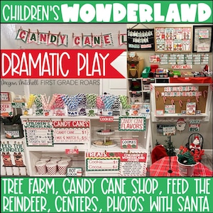 May include: A festive display for a children's Christmas-themed dramatic play area. The scene includes a candy cane shop, treats, and a tree farm. Signs read "Children's Wonderland" and "Candy Cane Shop".