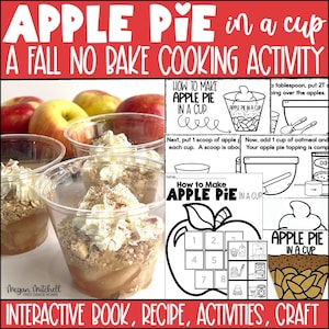 May include: Image of apple pie in a cup, a fall no-bake cooking activity. Clear plastic cups are filled with apple pie filling, topped with whipped cream and cinnamon. The text on the image says "Apple Pie in a Cup".