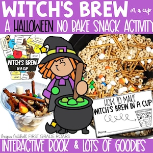 May include: A colourful Halloween graphic promoting a "Witch's Brew in a Cup" no-bake snack activity. The image shows a cartoon witch, a cauldron, a clear cup with snacks, and a bowl of cereal. Instructions are also included.
