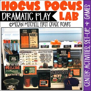 May include: A Halloween-themed dramatic play lab set up with a white wooden shelf and various props, including a potion station, a scientist's lab, and a cauldron. The signs read "Hocus Pocus Prices", "Hocus Pocus Hours", "Magical Potion Ingredients", "Magical Potion Supplies", "Scientists at Work", "Potion Goggles", "Mixing Spoons", "Welcome to the Magical Potion Station", "Mixing Cauldrons", and "Magical Potion Bottles".