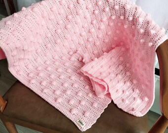 Hand-Crocheted Bubble Stitch Baby Blanket: Pink Acrylic Nursery Decor