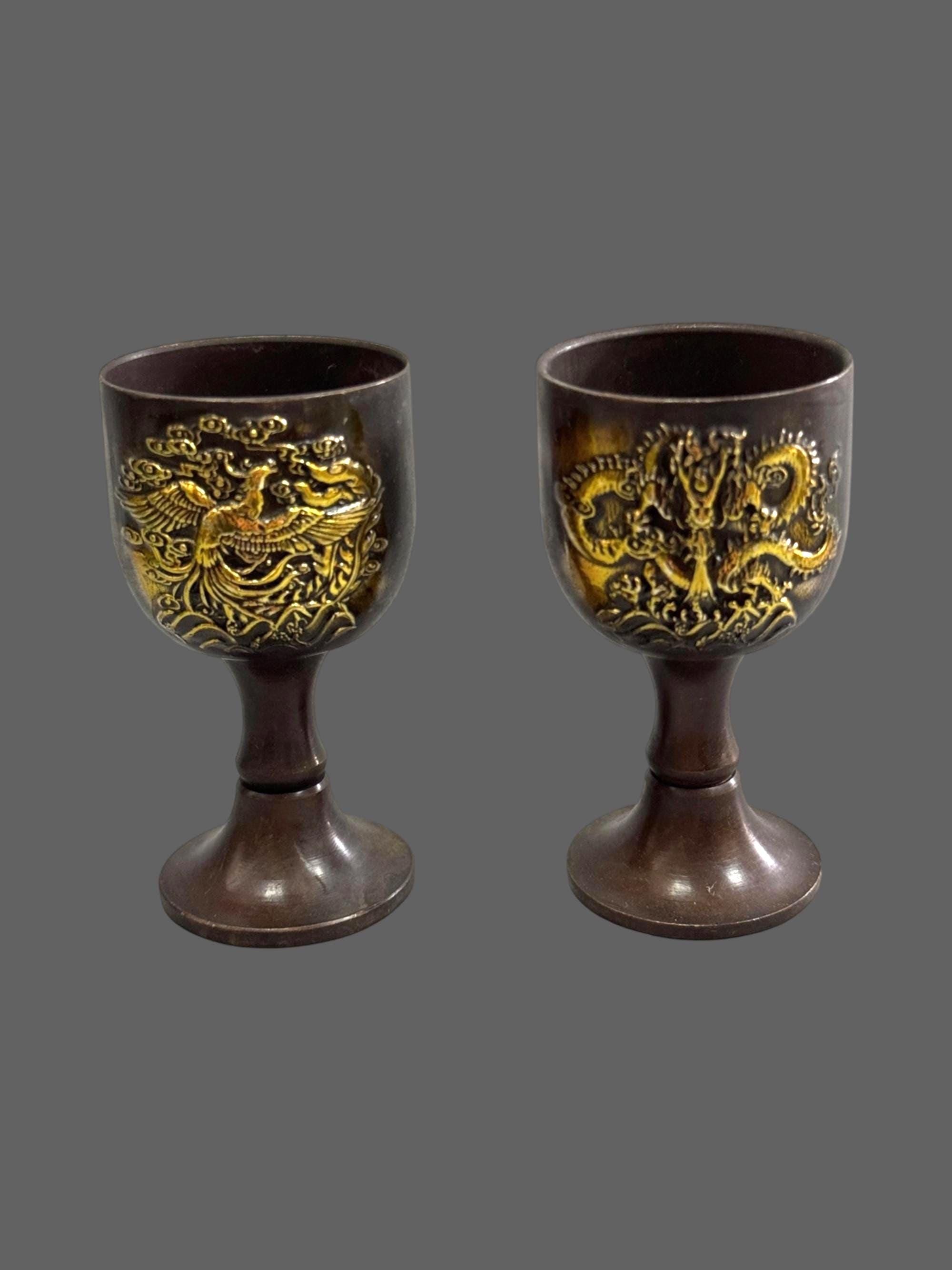 Gilded Dragon & Phoenix Wine Cups: Bronze Auspicious Ornaments