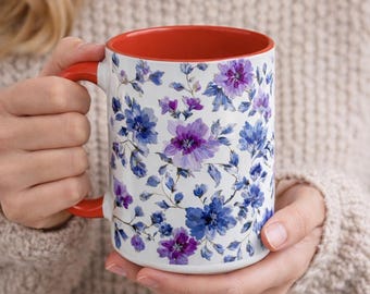 Floral Accent Mug Purple Blue Flower Coffee Mug Cottagecore Mug Aesthetic Tea Cup Vintage Floral Mug Spring Gift – Mom Gift Garden Mug