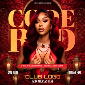 May include: A promotional flyer featuring a person with long dark red hair, wearing a red dress, a multi-layered necklace with a large red pendant, and a red rose hair accessory. The background displays red roses, lanterns, and the text CODE RED.
