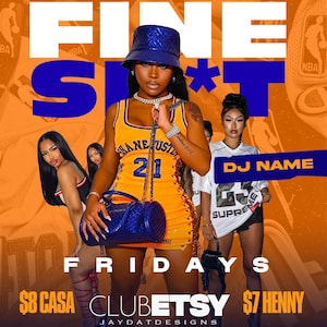 May include: An orange and blue promotional poster for a "Jersey Party" event. The poster features several people wearing jerseys and holding purses. The text includes "FINE S**T", "FRIDAYS", and "CLUBETSY".