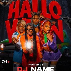 May include: A Halloween event flyer featuring four individuals in costumes inspired by a mystery-solving group. The text reads JAYDAT DESIGNS PRESENTS HALLOWEEN, HOSTED BY DJ NAME, 21+, HENNY, LADIES FREE ALL NITE, HOOKAH, and 12345 YOUR ADDRESS | CITY | CT.
