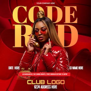 Può includere: Grafica promozionale rossa e gialla con la scritta "CODE RED". Una persona con occhiali da sole rossi e una giacca rossa tiene in mano un telefono vintage. La grafica include anche il testo "DATE HERE", "DJ NAME HERE", "CLUB LOGO" e un indirizzo.