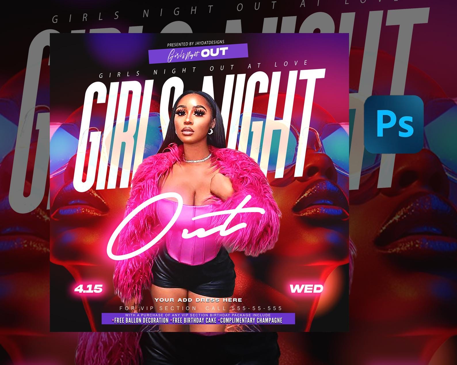 Girls Night Out Flyer Template: Editable PSD, Pink Glam Theme - Etsy