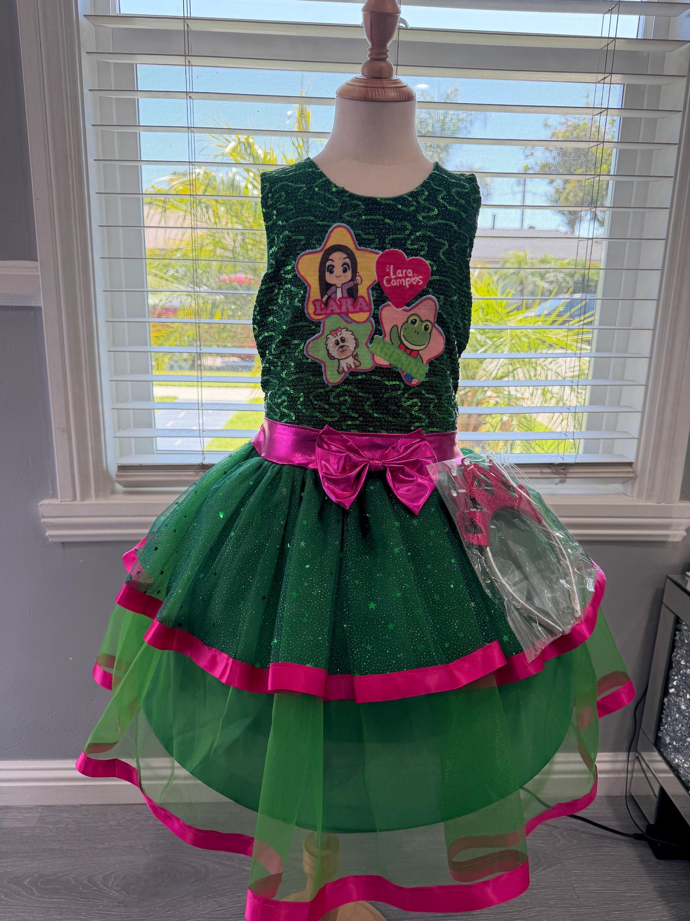 Green sequin Lara Campos dress, pink satin bow, handmade boutique birthday party dress