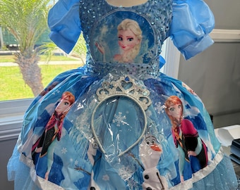 Frozen Inspired Dress with Headband: Soft Material, Ana & Elsa Theme