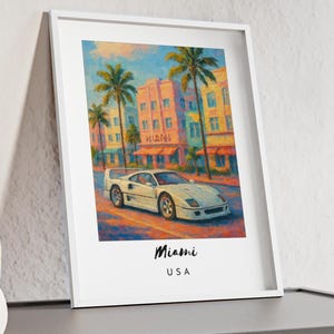 Art mural de Miami, impression d&#39;Ocean Drive, affiche de voyage aux États-Unis, ligne d&#39;horizon art déco avec voiture classique