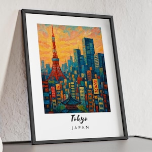 Tokyo wall art Japan skyline print Tokyo Tower painting Asian city wall decor Japan travel poster Japan gift idea