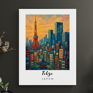 Tokyo wall art  Japan skyline print  Tokyo Tower painting  Asian city wall decor  Japan travel poster Japan gift idea