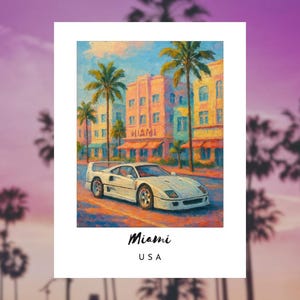 Art mural de Miami, impression d&#39;Ocean Drive, affiche de voyage aux États-Unis, ligne d&#39;horizon art déco avec voiture classique