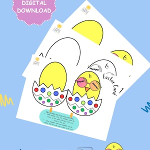 Plantilla de manualidad para imprimir con tarjeta de Pascua / Actividad para hacer una tarjeta de Pascua / Kit de actividades de arte con pollitos / Tarjeta con forma de huevo de Pascua para hacer tú mismo / Descarga digital
