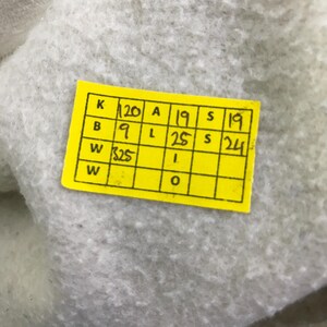 May include: A yellow rectangular tag with black text and a grid of boxes, resting on a light grey, textured surface. The text includes numbers and letters. The image is a close-up.
