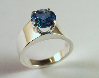 Zircon Classic Design Ring, Blue Zircon Ring, Sterling Silver