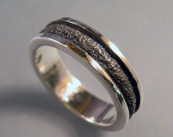 Mens Wedding Band, Rough Surface, high Polish Edge, Rustic Wedding Band , Sterling Silver