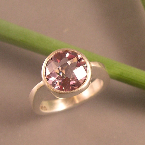 Checkerboard Cut Pink Amethyst Ring, Pink Amethyst Ring,Sterling Silver