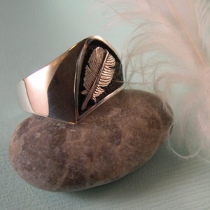 May include: A silver ring with a textured black band and a silver feather design.