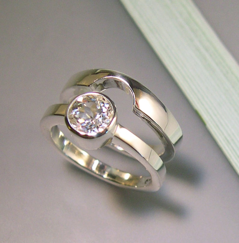 White Topaz Wedding Band Set, Sterling Silver image 1