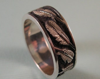 Feather Ring, Hand Carved Feather Band, Engraved Feather Ring, Sterling Silver