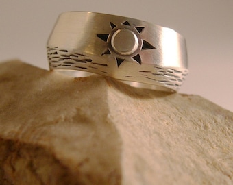 Sun Over Water Ring, Sun and Water Wedding Band, Sun Nature Ring, Silver