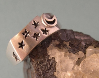 Celestial Ring, Stars and Moon Ring,  Sterling Silver
