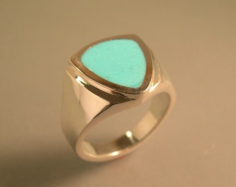 Turquoise Triangle Men's Ring, Inlay, Heavy Sterling Silver