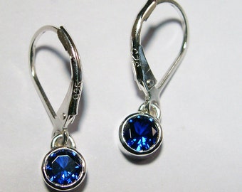 Blue Sapphire Dangle Earrings, 5mm, Sterling Silver