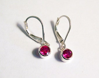 Red Ruby Dangle Earrings, 5mm, Sterling Silver, Valentine Gift