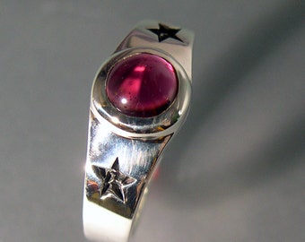 Garnet Ring with Special Stars, Garnet Celestial Ring. Sterling Silver