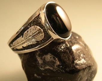 Black Onyx Feather Ring, Heavy Men's Onyx Statement Ring, Onyx at Two Feather Bridge, Sterling Silver