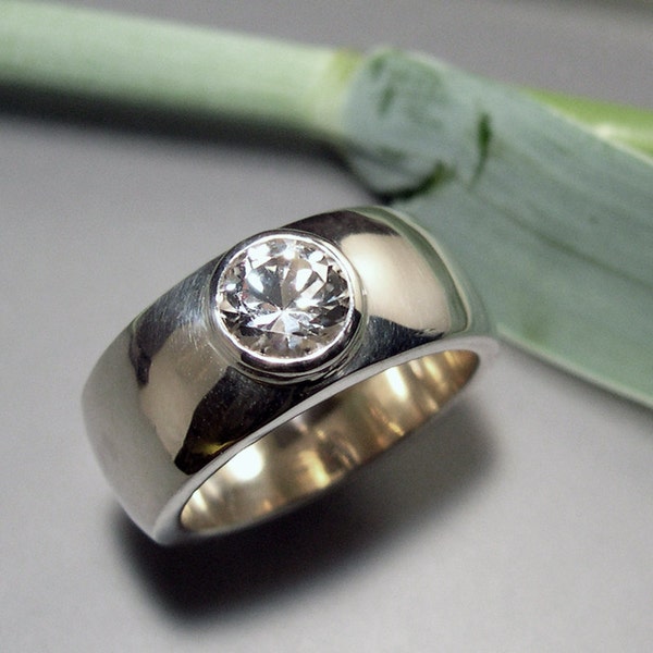 White Topaz Wide Domed Ring, White Topaz Wide Wedding Band, Sterling Silver