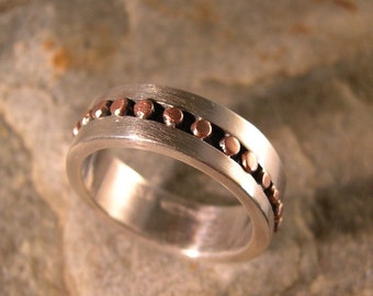 Copper River Ring, Copper and Silver Wedding Band, Copper Bead Band, Sterling Silver, Copper