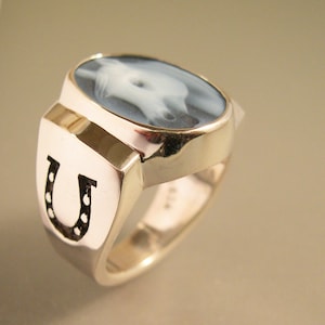 Horse Cameo Ring, Equestrian Ring, Horse Ring, Horseshoe Ring, Sterling Silver