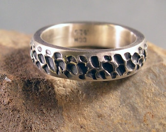 Mens Ring, Rustic Wedding Band, Crater or Snake Skin Texture, Sterling Silver